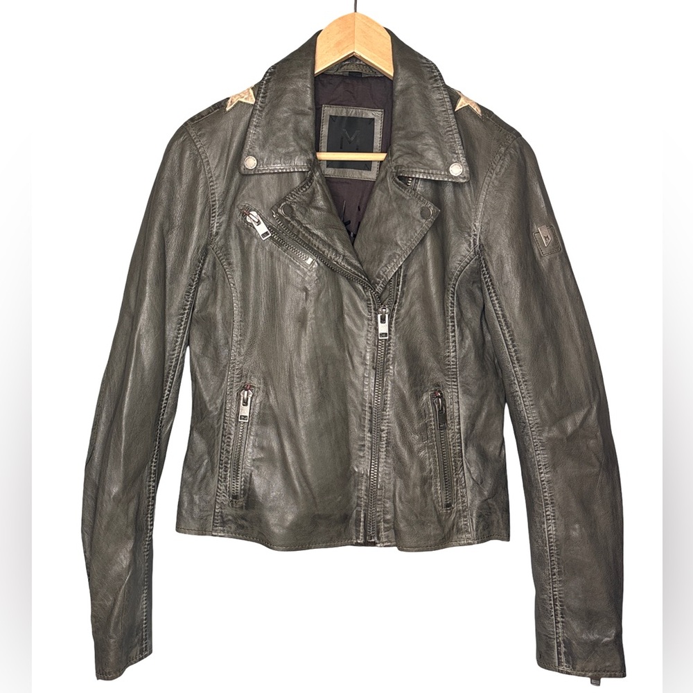 Mauritius Olive Gray Leather Biker Jacket Size 6